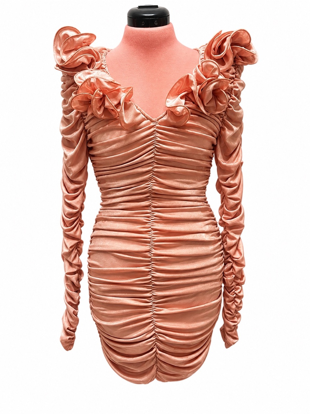 Amable by Mable Blush Pink Ruched Ruffle Mini Dress
